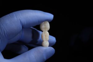 Person holding a dental bridge